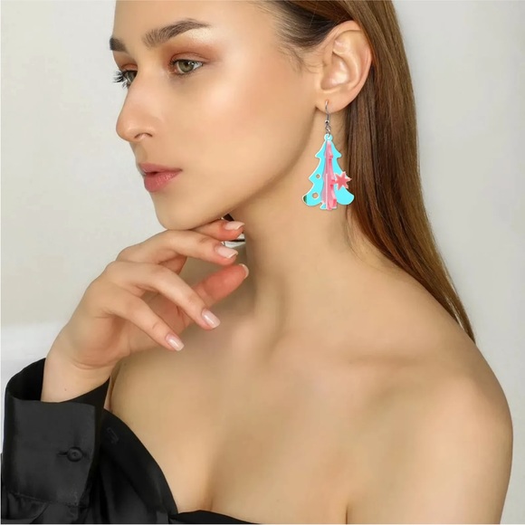 Acrylic Glitter Christmas Tree Stud Dangle Earrings - Picture 8 of 16